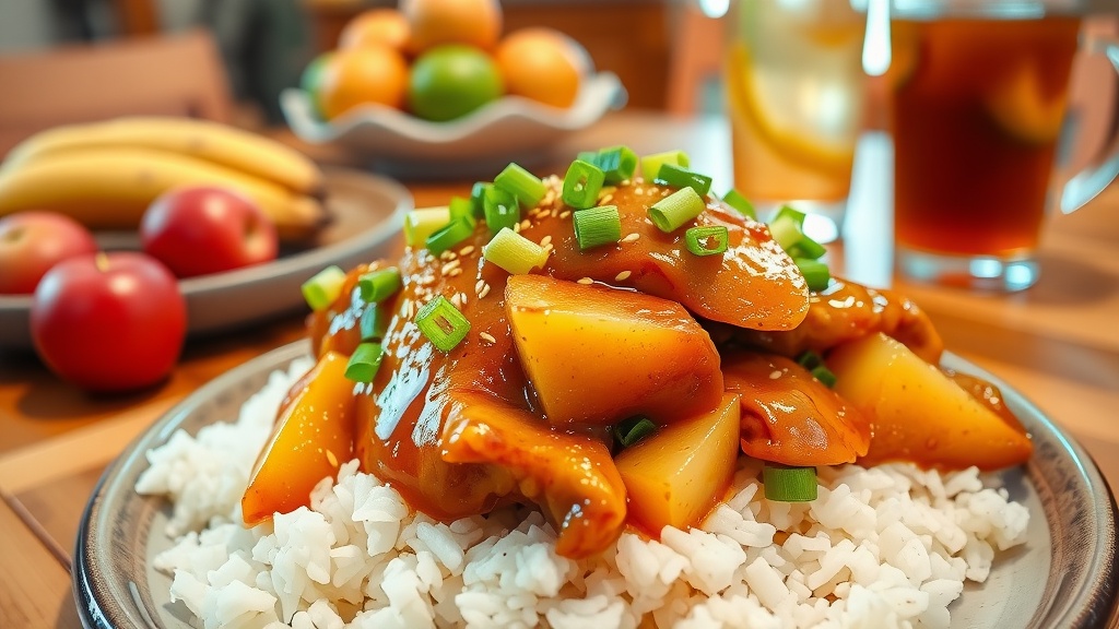 Sweet Hawaiian Crockpot Chicken Recipe Sweet Hawaiian Crockpot Chicken served over rice, garnished with green onions and sesame seeds.